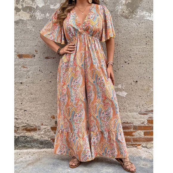 Plus Paisley Print Butterfly Sleeve Wide leg Jumper Jumpsuit - Picture 1 of 4